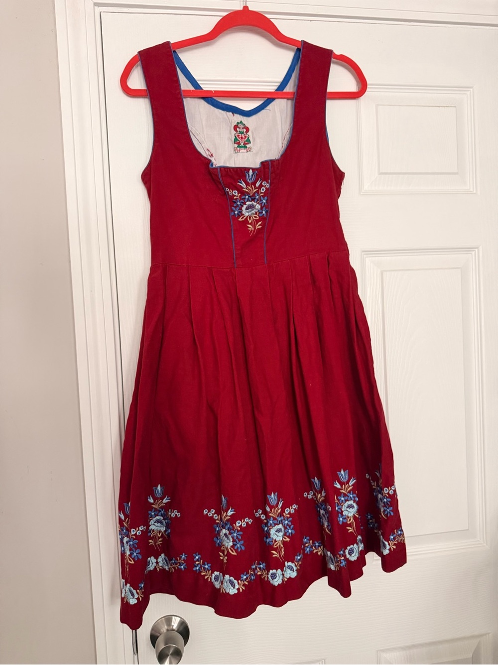 Sleeveless Red Midi Dress with Blue Floral Embroidery